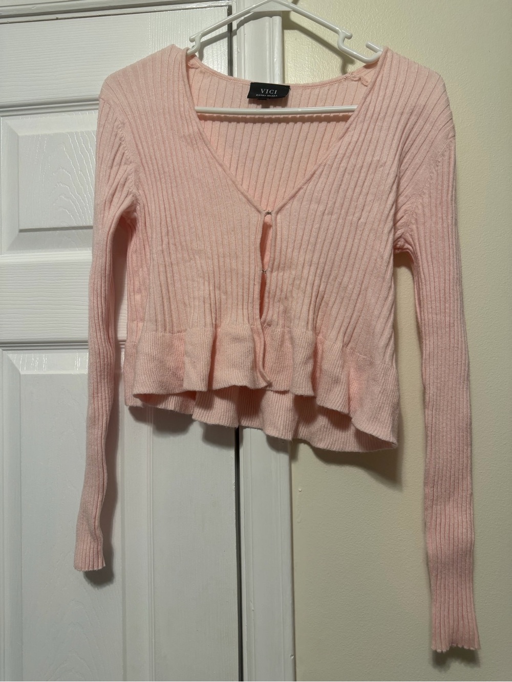 VICI Pink Ribbed V-Neck Peplum Sweater